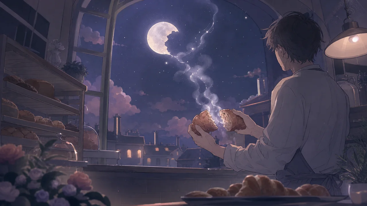 面包师在月夜的烘焙坊里掰开一只冒着星光的面包